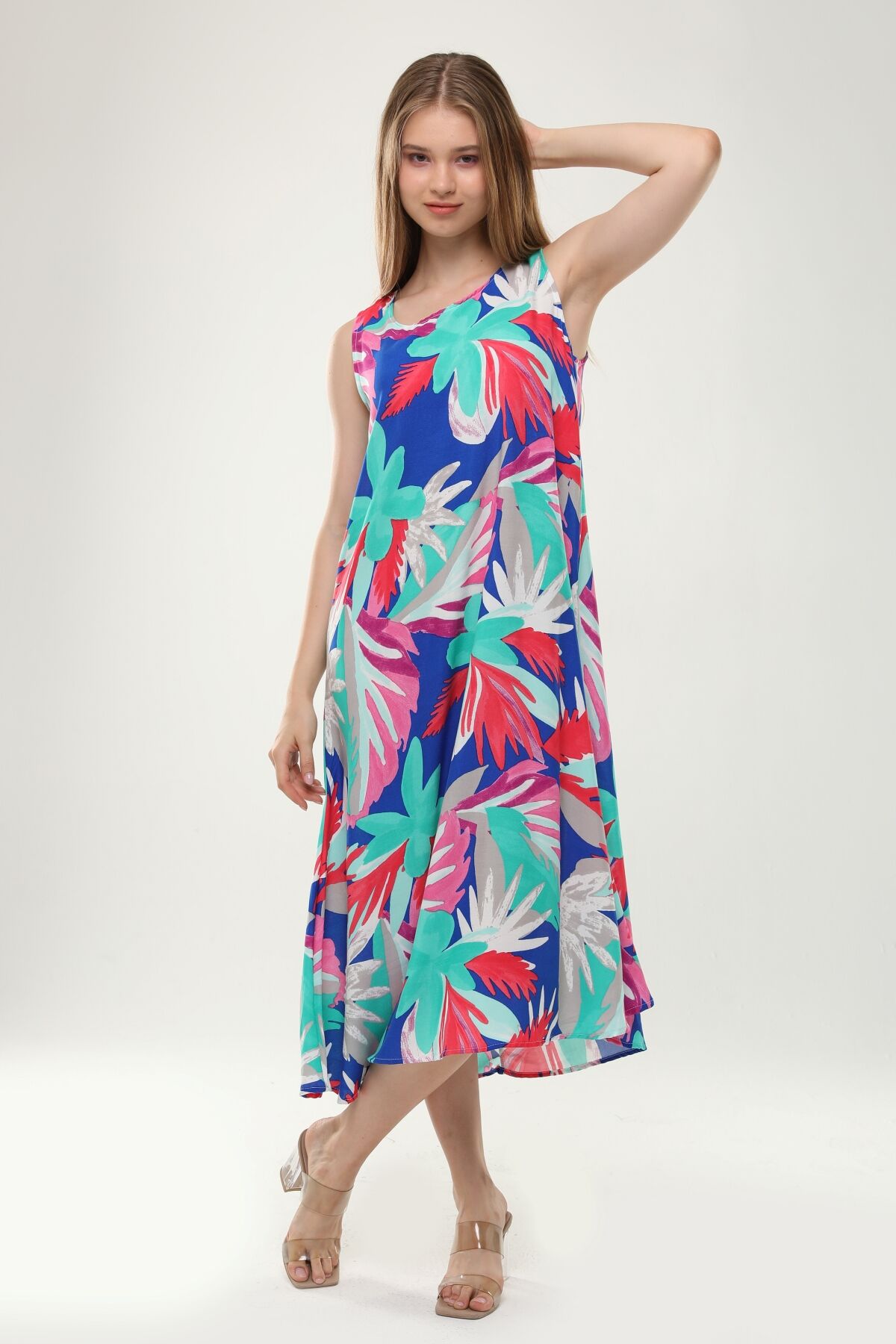 Likapa Yazlık Askılı Viskon Elbise 2691 MAVİ ÇİÇEK - XL