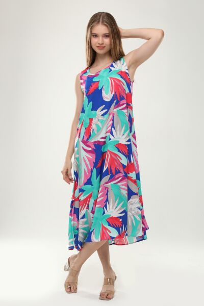 Likapa Yazlık Askılı Viskon Elbise 2691 MAVİ ÇİÇEK - 2XL