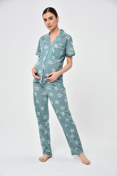 Likapa Penye Önden Düğmeli Hamile Lohusa KISA KOL PİJAMA TAKIMI ,%100 Cotton Mint Büyük YILDIZ - L