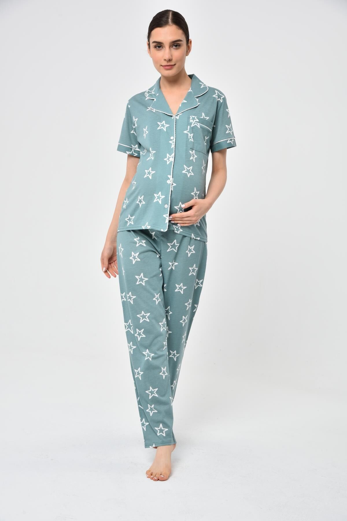 Likapa Penye Önden Düğmeli Hamile Lohusa KISA KOL PİJAMA TAKIMI ,%100 Cotton Mint Büyük YILDIZ - XL