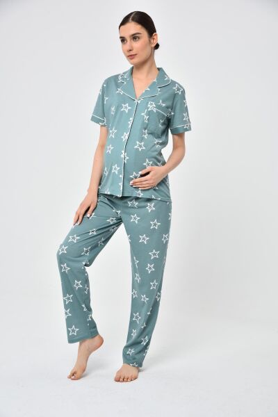 Likapa Penye Önden Düğmeli Hamile Lohusa KISA KOL PİJAMA TAKIMI ,%100 Cotton Mint Büyük YILDIZ - XL