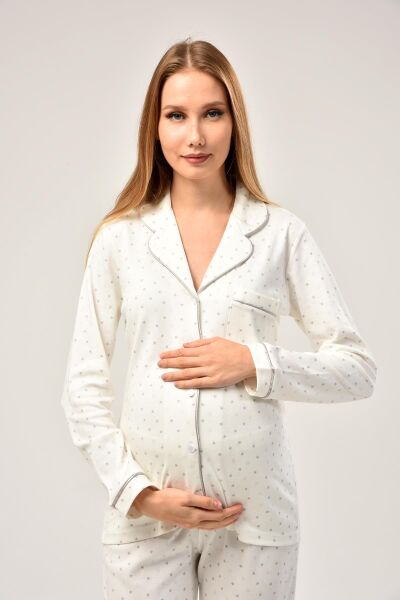 Likapa İnterlok Düğmeli Hamile Lohusa Uzun Kol Pijama Takımı 1354-01 3XL - Gri Yıldız