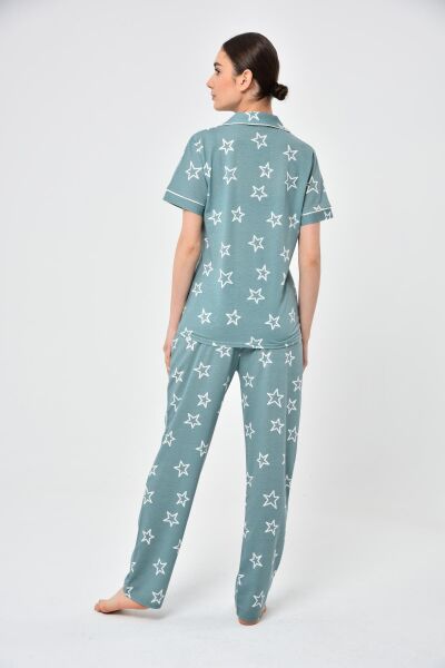 Likapa Penye Önden Düğmeli Hamile Lohusa KISA KOL PİJAMA TAKIMI ,%100 Cotton Mint Büyük YILDIZ - 2XL