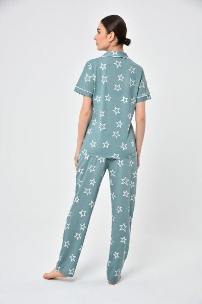 Likapa Penye Önden Düğmeli Hamile Lohusa KISA KOL PİJAMA TAKIMI ,%100 Cotton Mint Büyük YILDIZ - 2XL