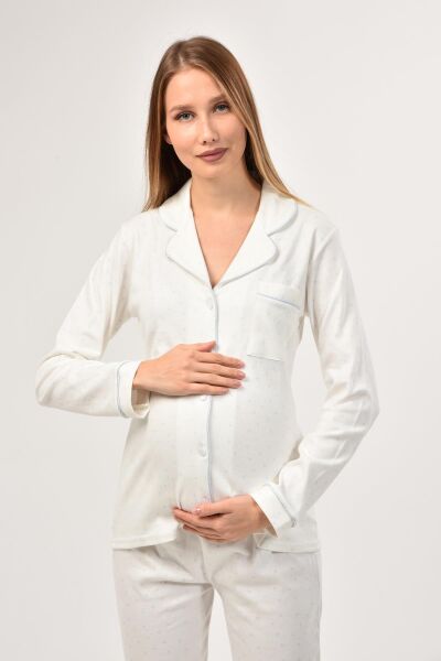 Likapa İnterlok Düğmeli Hamile Lohusa Uzun Kol Pijama Takımı 1354-01 2XL - MAVİ YILDIZ