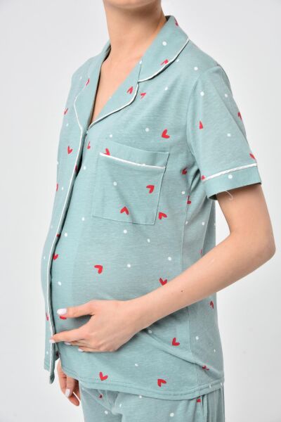 Likapa Penye Önden Düğmeli Hamile Lohusa KISA KOL PİJAMA TAKIMI ,%100 Cotton Mint Bordo KALP - XL
