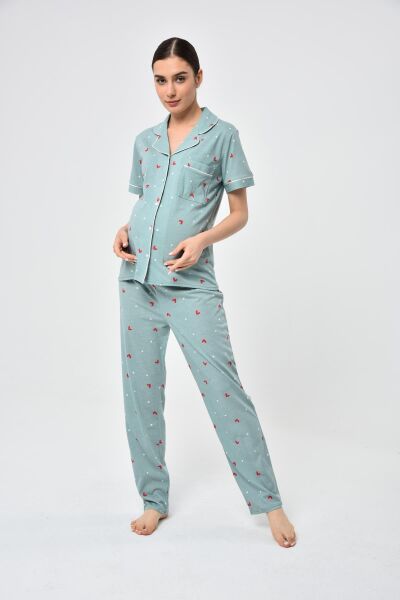 Likapa Penye Önden Düğmeli Hamile Lohusa KISA KOL PİJAMA TAKIMI ,%100 Cotton Mint Bordo KALP - XL