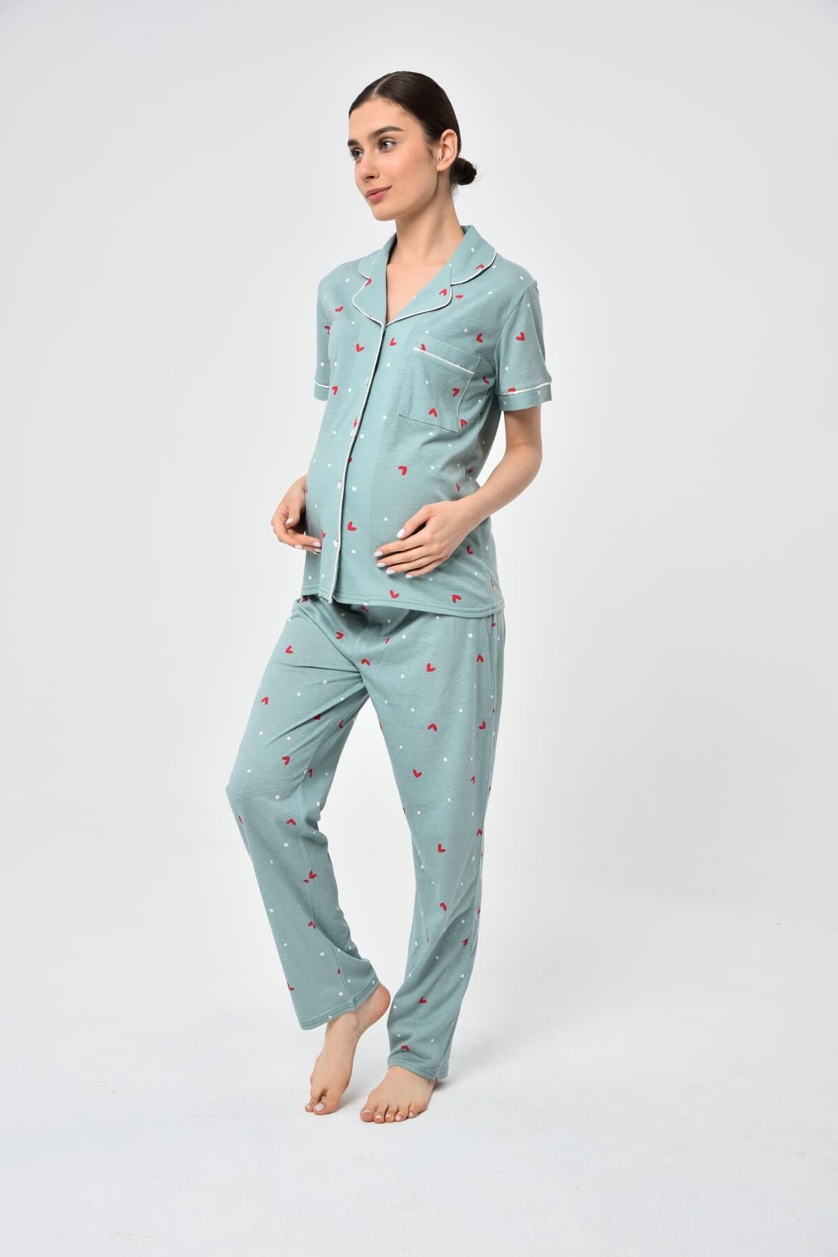Likapa Penye Önden Düğmeli Hamile Lohusa KISA KOL PİJAMA TAKIMI ,%100 Cotton Mint Bordo KALP - 2XL