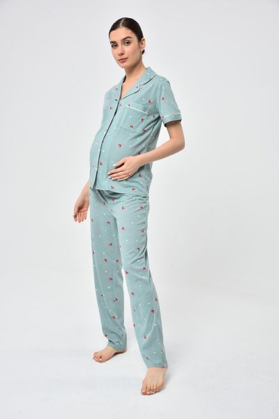 Likapa Penye Önden Düğmeli Hamile Lohusa KISA KOL PİJAMA TAKIMI ,%100 Cotton Mint Bordo KALP - 2XL