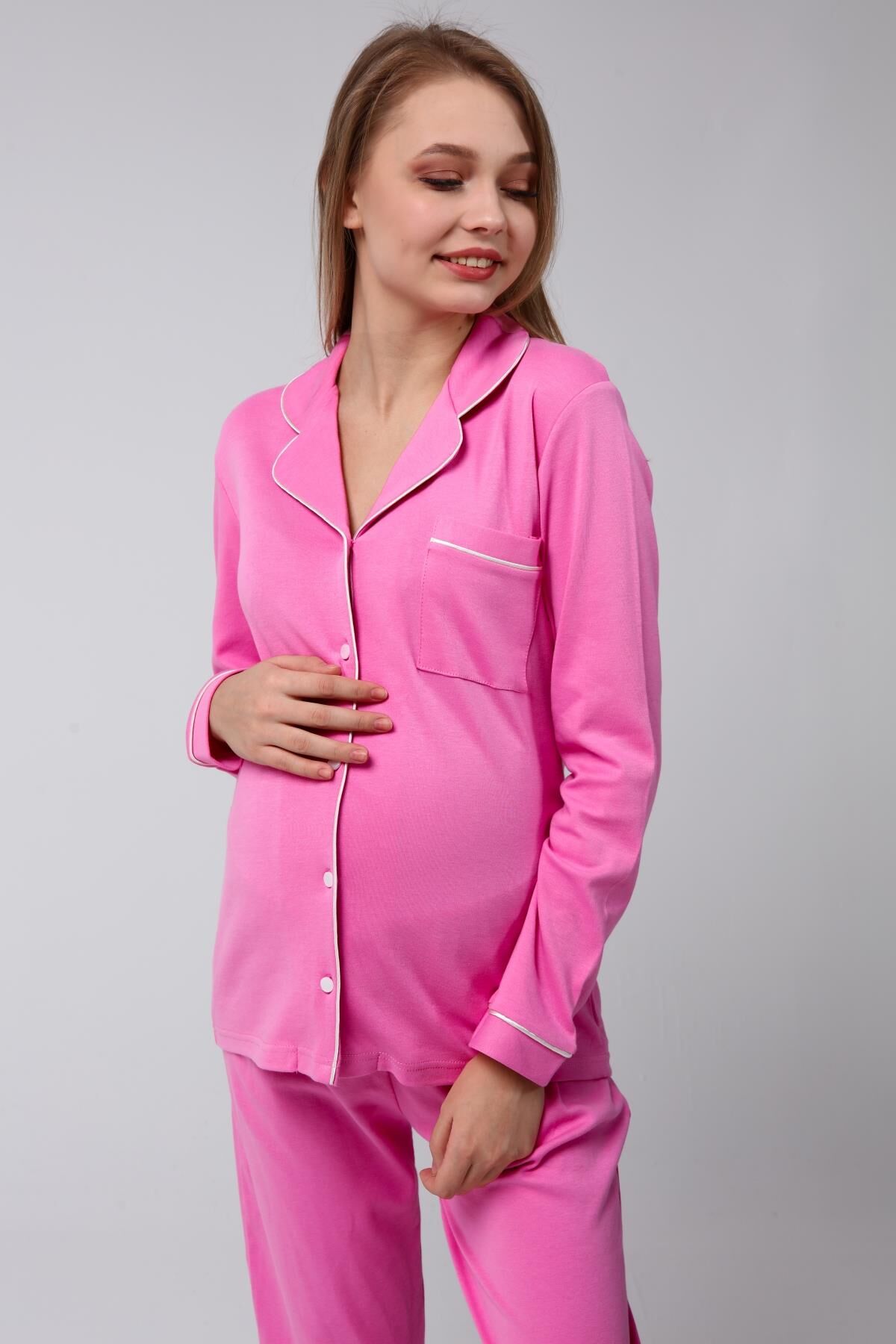 Likapa İnterlok Düğmeli Hamile Lohusa Uzun Kol Pijama Takımı 1354-01 L - Koyu Pembe