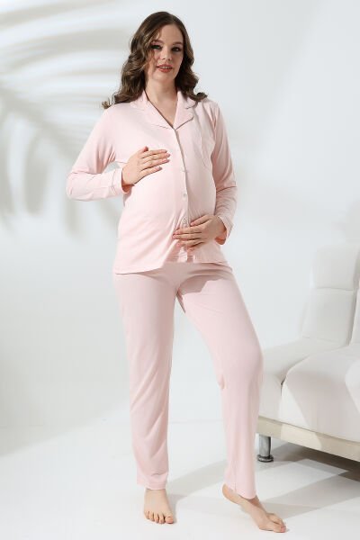 Likapa Penye Önden Düğmeli Hamile Lohusa UZUN KOL PİJAMA TAKIMI Pembe - M