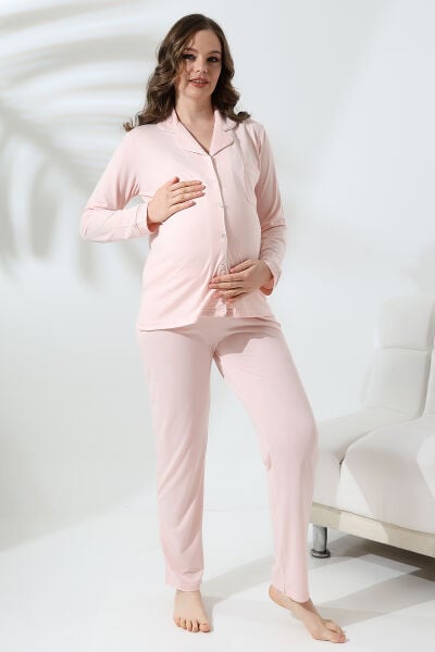 Likapa Penye Önden Düğmeli Hamile Lohusa UZUN KOL PİJAMA TAKIMI Pembe - M