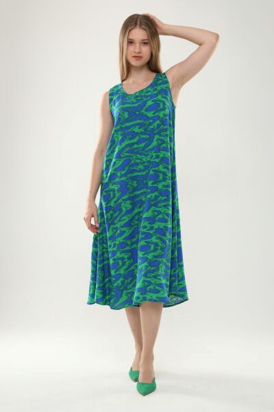 Likapa Yazlık Askılı Viskon Elbise 2691 YEŞİL MAVİ EBRULİ - XL