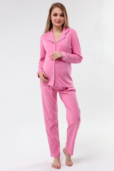 Likapa İnterlok Düğmeli Hamile Lohusa Uzun Kol Pijama Takımı 1354-01 XL - Koyu Pembe