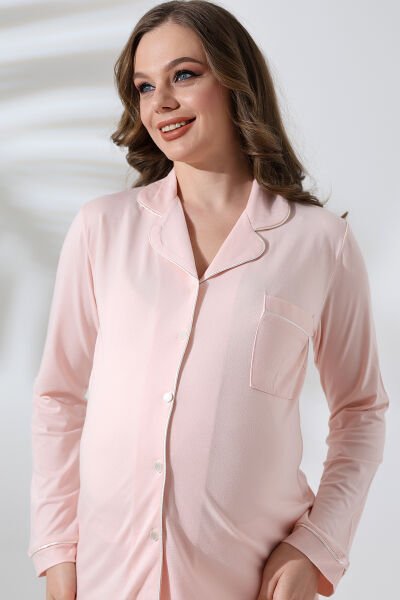 Likapa Penye Önden Düğmeli Hamile Lohusa UZUN KOL PİJAMA TAKIMI Pembe - L