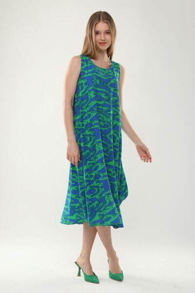 Likapa Yazlık Askılı Viskon Elbise 2691 YEŞİL MAVİ EBRULİ - 2XL
