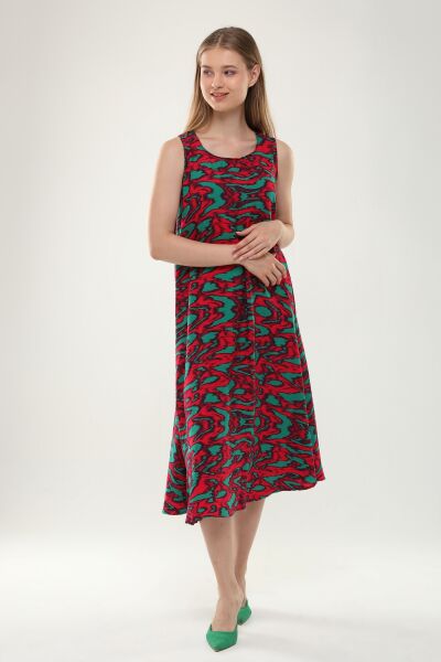 Likapa Yazlık Askılı Viskon Elbise 2691 KIRMIZI YEŞİL  EBRULİ - XL
