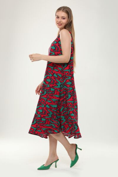 Likapa Yazlık Askılı Viskon Elbise 2691 KIRMIZI YEŞİL  EBRULİ - XL