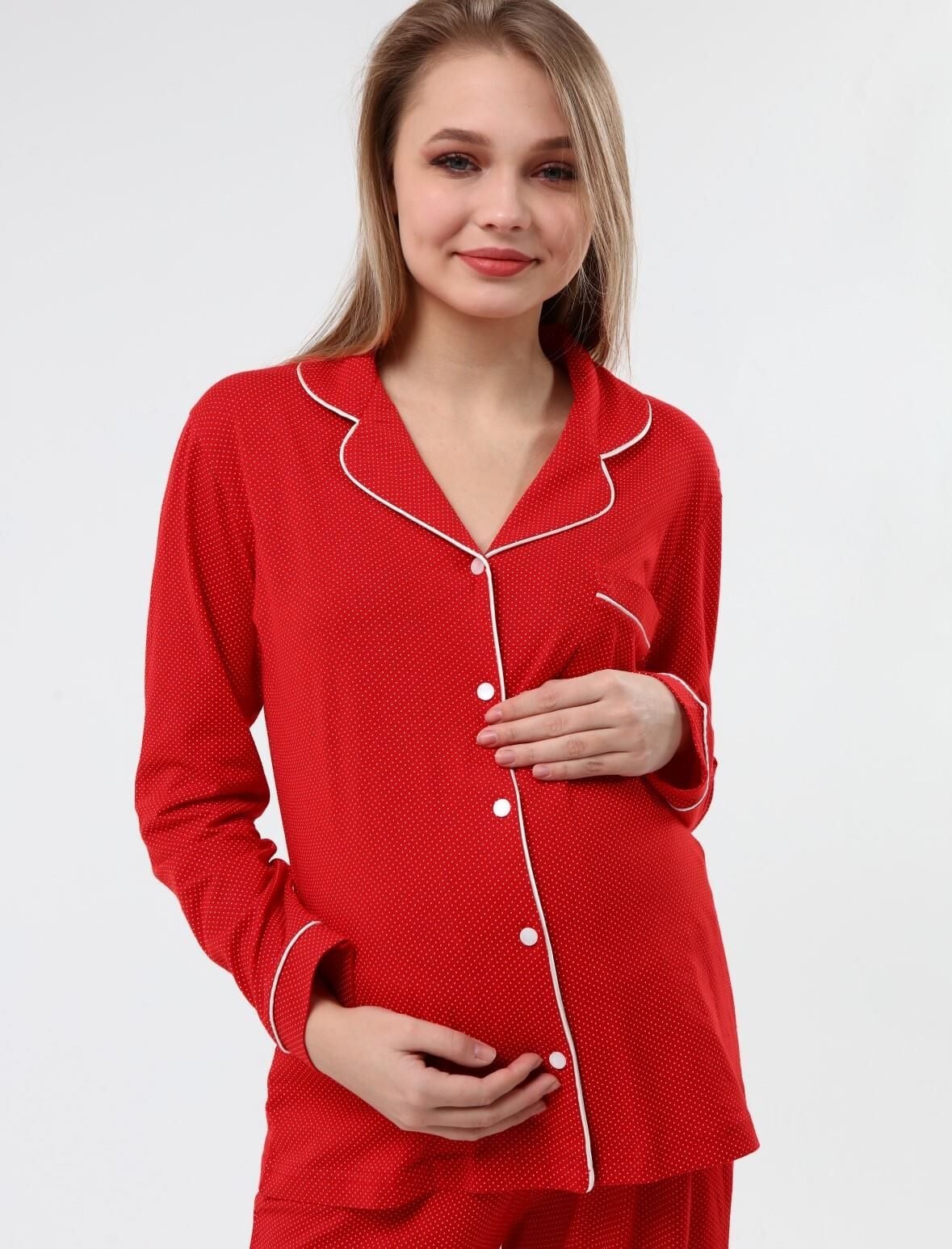 Likapa İnterlok Düğmeli Hamile Lohusa Uzun Kol Pijama Takımı 1354-01 2XL - Kırmızı Puanlı