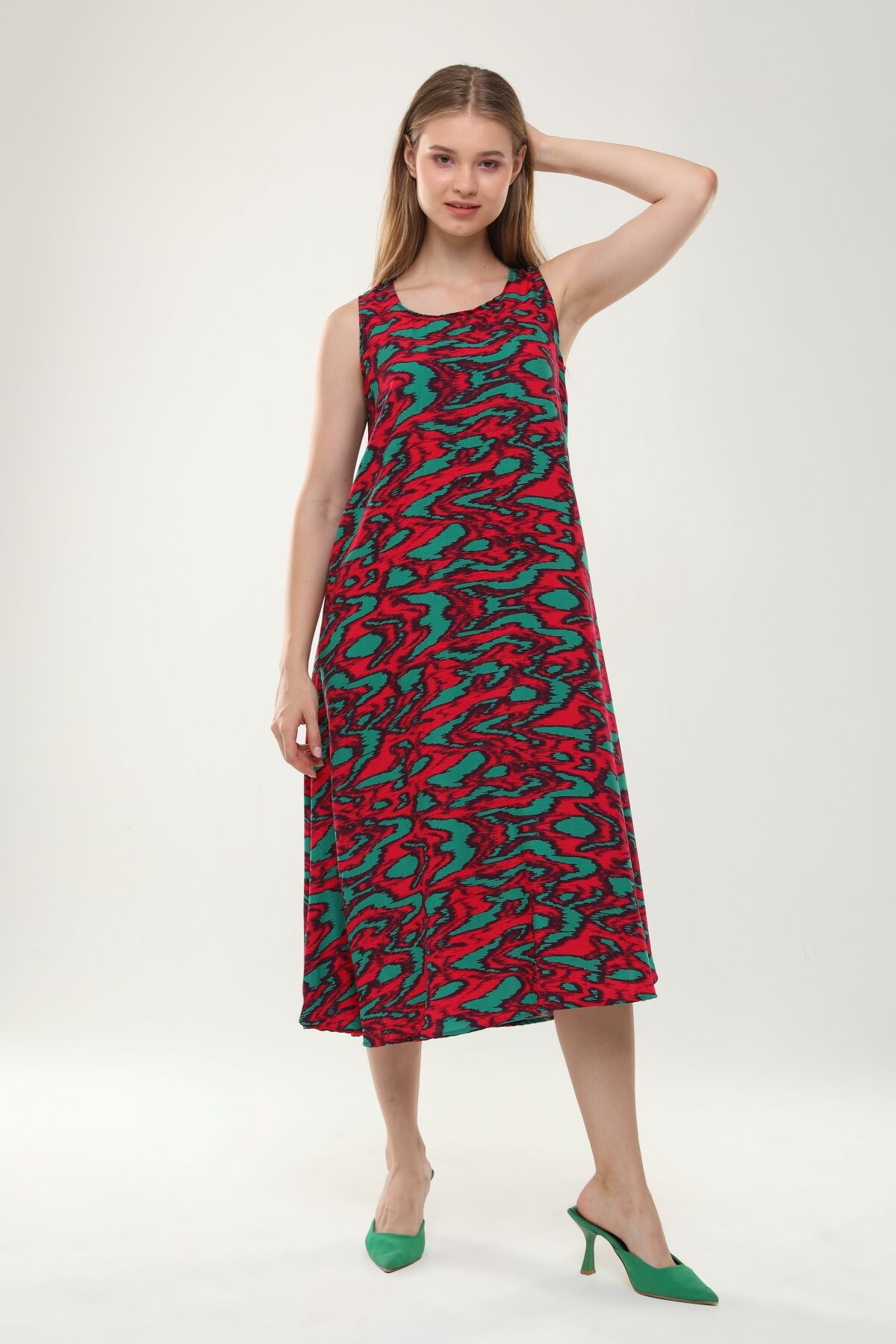 Likapa Yazlık Askılı Viskon Elbise 2691 KIRMIZI YEŞİL  EBRULİ - 2XL