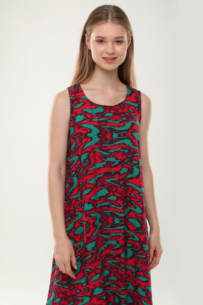 Likapa Yazlık Askılı Viskon Elbise 2691 KIRMIZI YEŞİL  EBRULİ - 2XL