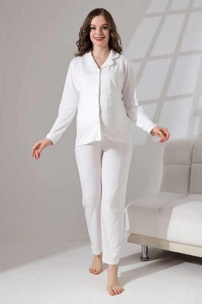 Likapa Önden Düğmeli Hamile Lohusa UZUN KOL PİJAMA TAKIMI ekru biyeli - M