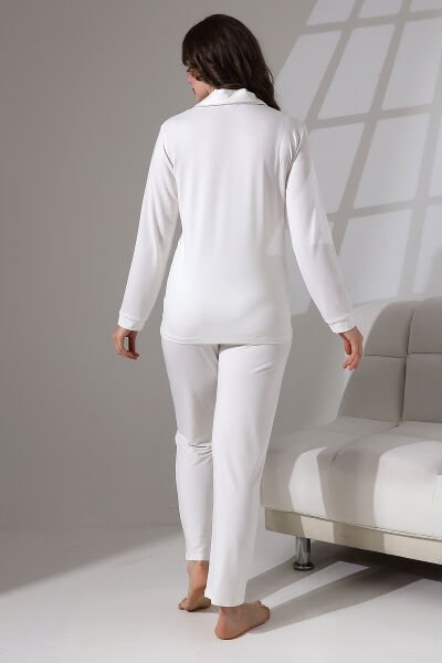 Likapa Önden Düğmeli Hamile Lohusa UZUN KOL PİJAMA TAKIMI ekru biyeli - M