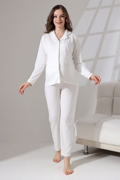 Likapa Önden Düğmeli Hamile Lohusa UZUN KOL PİJAMA TAKIMI ekru biyeli - L