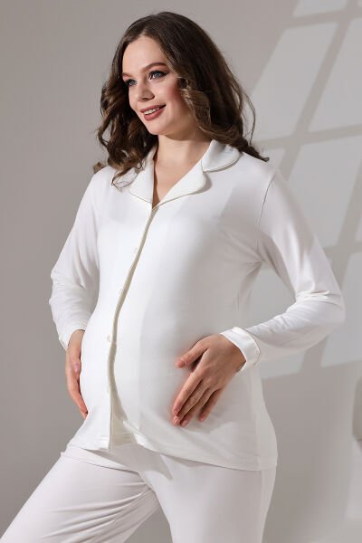 Likapa Önden Düğmeli Hamile Lohusa UZUN KOL PİJAMA TAKIMI ekru biyeli - L
